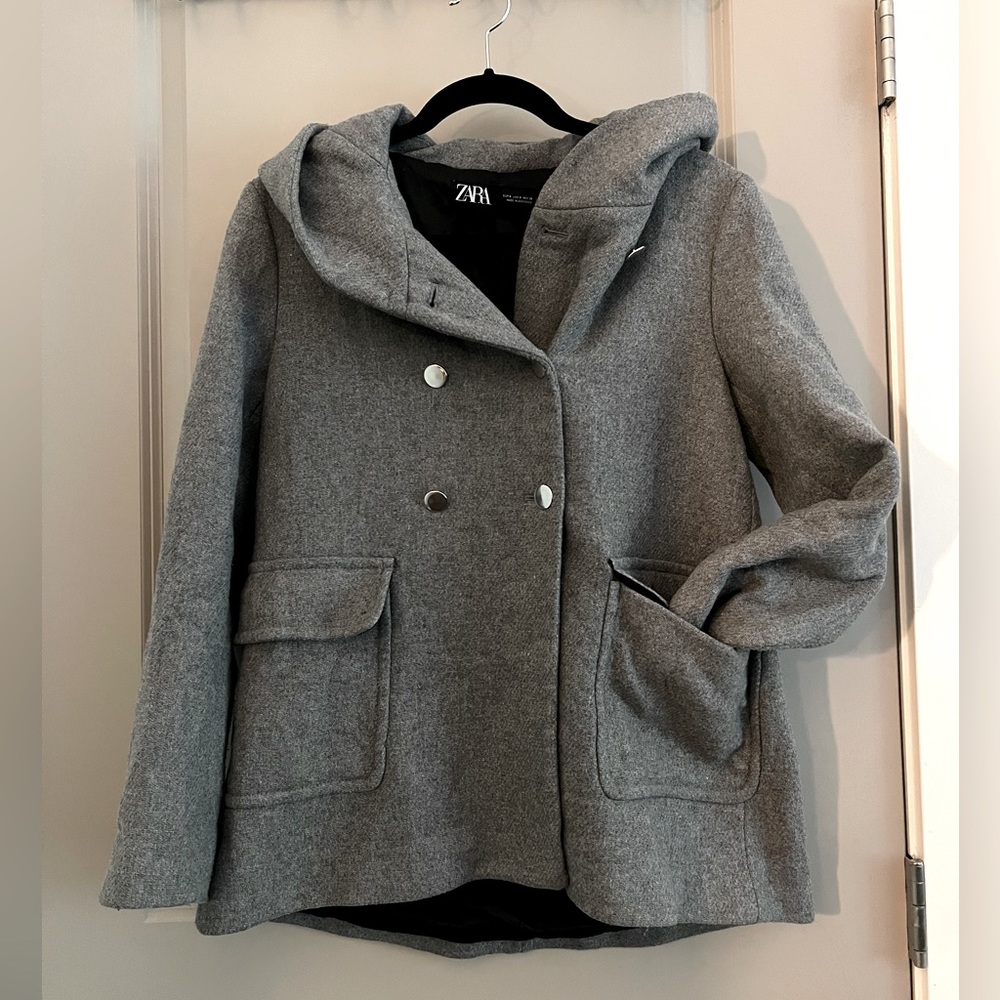 Zara hood double breast wool hooded jacket grey size small - Picture 2 of 12